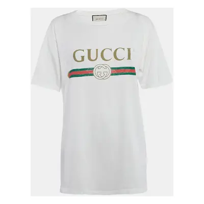 Gucci White Vintage Logo Print Cotton Distressed Oversize T-Shirt