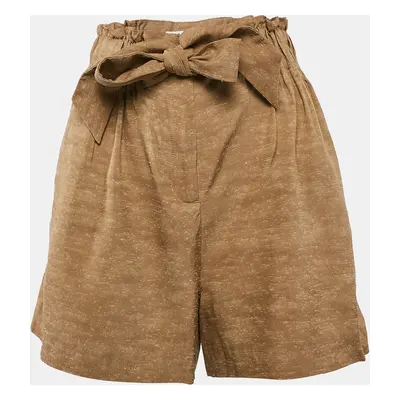 Sandro Caramel Brown Slubbed Silk Blend Tie-Up Waist Detail Shorts