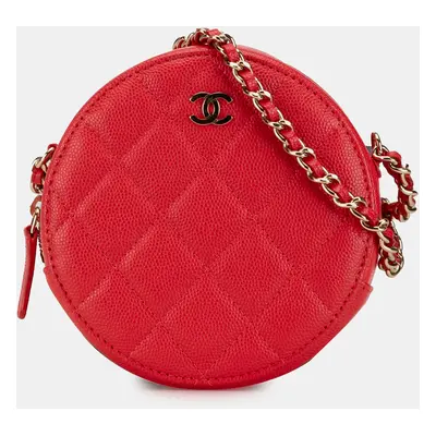 Chanel Red Quilted Caviar Round Clutch With Chain