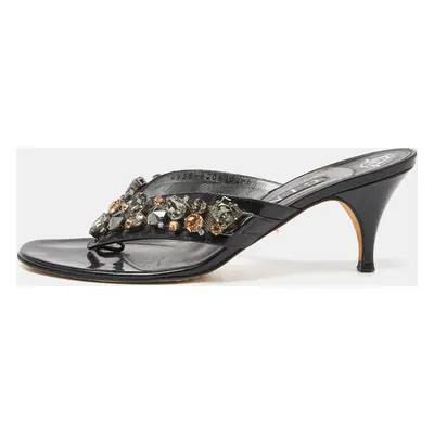 Gina Black Patent Leather Crystal Embellished Thong Slide Sandals 39.5