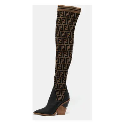 Fendi Black/Beige Zucca Fabric And Leather Colibri Knee Length Boots Size