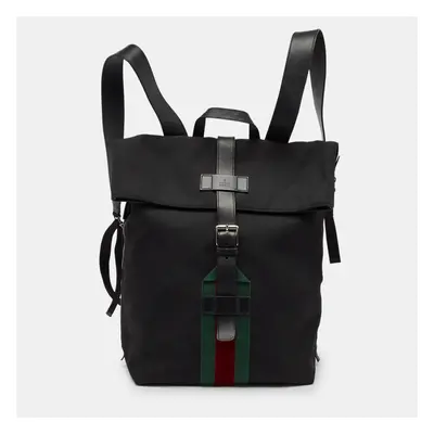 Gucci Black Leather and Nylon Web Fold Over Backpack