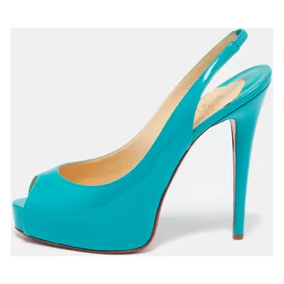 Christian Louboutin Turquoise Blue Patent Leather Private Number Peep Toe Slingback Pumps Size 3