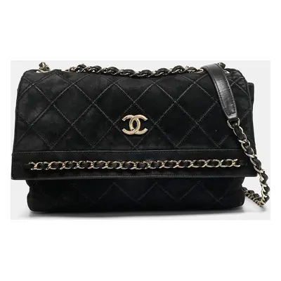 Chanel Black Diamond Stitched Suede Lovely Chains Flap Bag