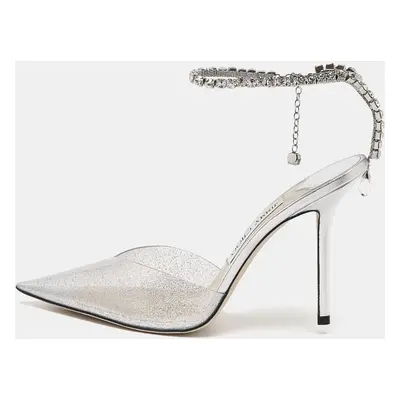 Jimmy Choo Silver Glitter PVC Crystal Embellished Saeda Pumps Size