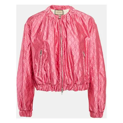 Gucci Pink GG Embroidered Silk Zip-Up Bomber Jacket