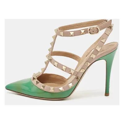 Valentino Green/Beige Leather Rockstud Strappy Pointed Toe Pumps Size