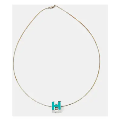 Hermès Cage d'H Cyan Lacquered Palladium Plated Pendant Necklace