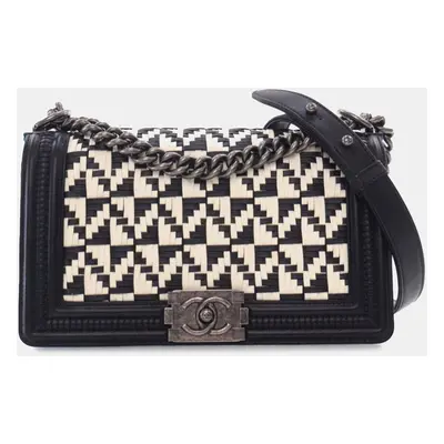 Chanel Black White Medium Bicolor Woven Calfskin Boy Flap Bag