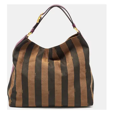 Fendi Tobacco/Magenta Pequin Stripe Canvas and Leather Hobo