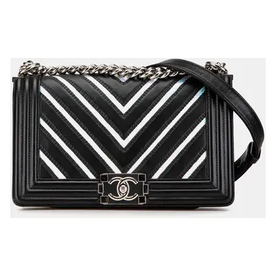 Chanel Black Medium Lambskin and Iridescent PVC Chevron Boy Flap