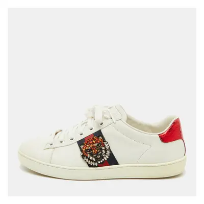 Gucci White Leather and Snakeskin Embossed Ace Web Lace Up Sneakers Size