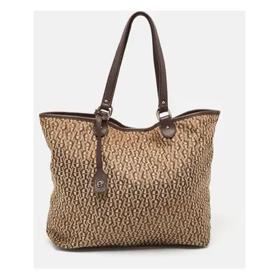 Aigner Brown/Beige Signature Canvas and Leather Snap Tote