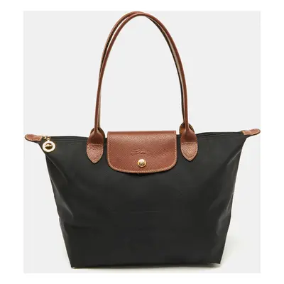 Longchamp Black/Brown Nylon and Leather Le Pliage Tote