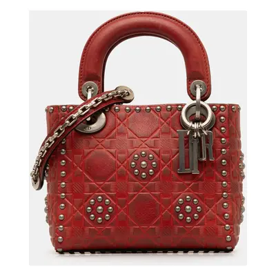 Dior Red Embossed Calfskin Mini Studded Lady Dior Tote Bag