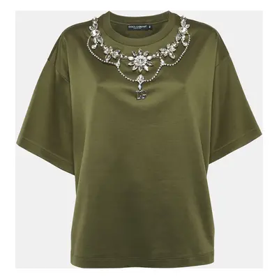 Dolce & Gabbana Olive Green Cotton Stud Embellishment Detail Crew Neck T-Shirt