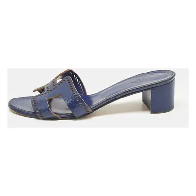 Hermes Navy Blue Patent Leather Perforated Oasis Slide Sandals Size