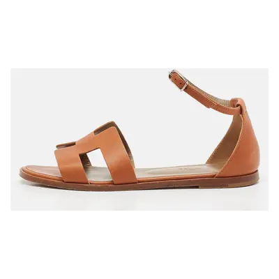 Hermes Brown Leather Santorini Ankle Strap Flat Sandals Size