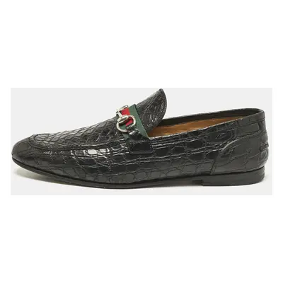 Gucci Black Crocodile Horsebit Web Detail Slip On Loafers Size