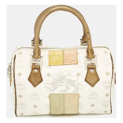 MCM White/Gold Visetos Coated Canvas and Lizard Embossed Leather Princess Lion Boston Bag