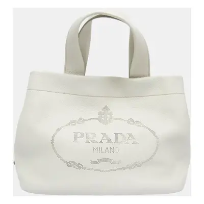 Prada Punching Logo Leather Handbag White