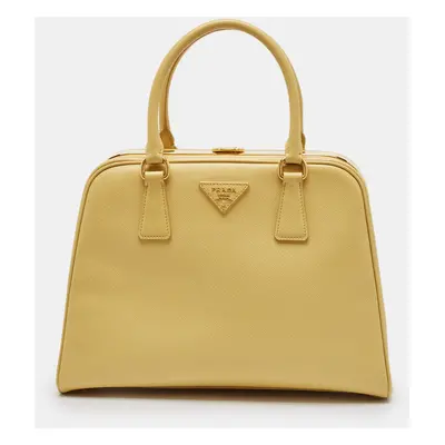 Prada Yellow Saffiano Lux Leather Pyramid Frame Satchel