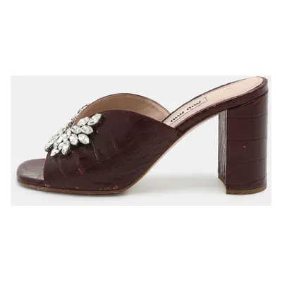 Miu Miu Burgundy Croc Embossed Leather Embellished Slide Sandals Size