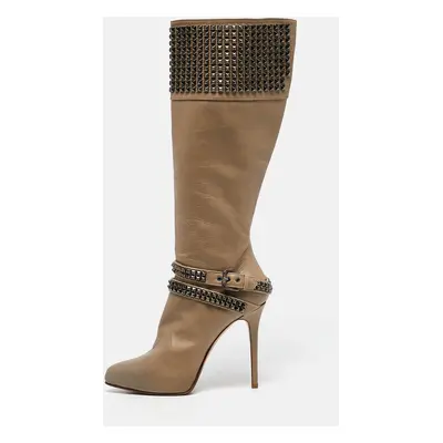 Le Silla Beige Leather Studded Platform Knee Length Boots Size