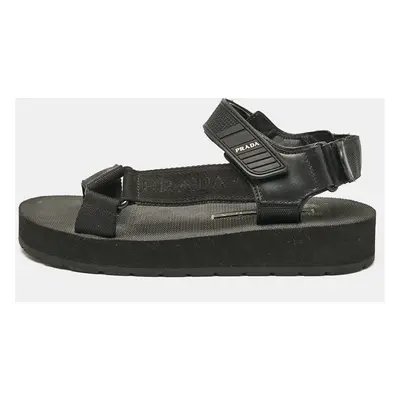 Prada Black Leather and Canvas Tape Strap Flat Sandals Size