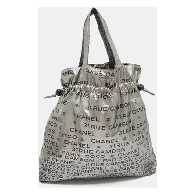 Chanel Silver Coated Nylon Rue Cambon Graphic Drawstring Tote