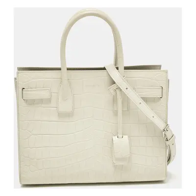 Saint Laurent White Croc Embossed Leather Baby Classic Sac De Jour Tote