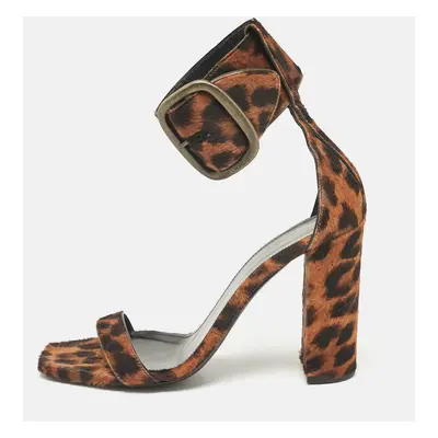 Saint Laurent Brown Leopard Print Calf Hair Ankle Strap Block Heel Sandals Size