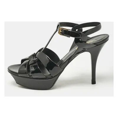 Saint Laurent Black Patent Leather Tribute Ankle Strap Platform Sandals Size