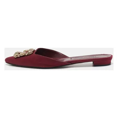 Manolo Blahnik Burgundy Satin Hangisi Crystal Embellished Flat Mules Size