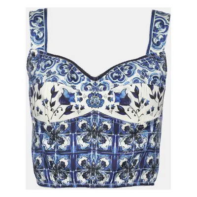 Dolce & Gabbana Blue Majolica Print Silk Crop Top