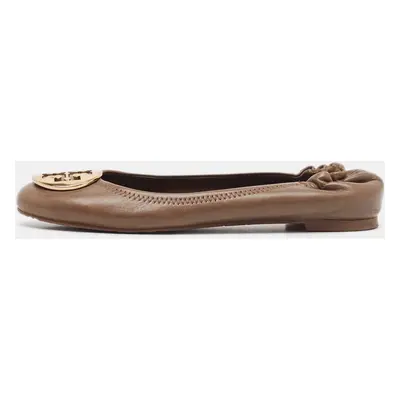 Tory Burch Brown Leather Reva Scrunch Ballet Flats Size 38.5