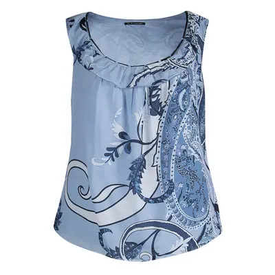 Elie Tahari Powder Blue Printed Cotton Ruffle Detail Sleeveless Top