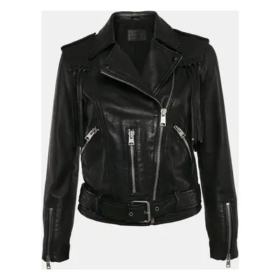 All Saints Black Leather Zip-Up Tassel Detail Balfern Biker Jacket