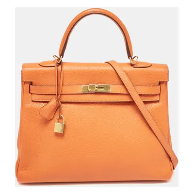 Hermes Orange Taurillon Clemence Leather Gold Finish Kelly Retourne Bag