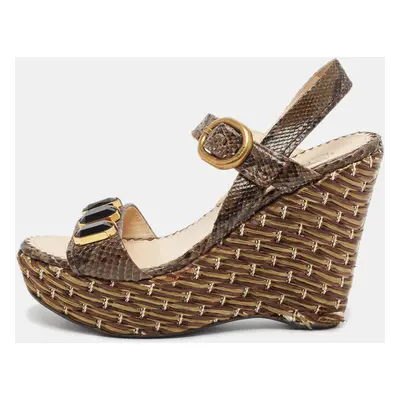 Prada Brown Python Leather Wedge Ankle Strap Sandals Size