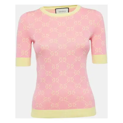 Gucci Pink/Yellow Logo Jacquard Knit Top