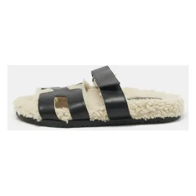 Hermes Black Shearling Fur and Suede Chypre Flat Sandals Size