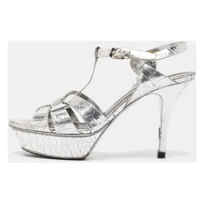 Saint Laurent Silver Croc Embossed Leather Tribute Sandals Size 37.5