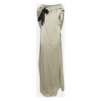 CH Carolina Herrera Grey Satin Silk Belted Kaftan Maxi Dress