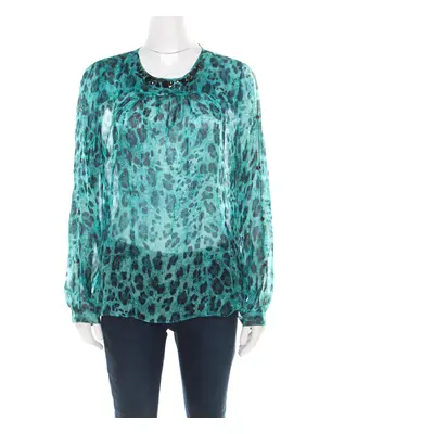 Blumarine Blue and Black Animal Printed Silk Embellished Neck Blouse