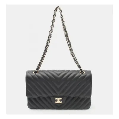 Chanel Black Chevron Leather V-Stitch Double Flap Shoulder Bag