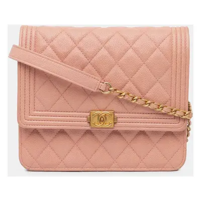 Chanel Pink Quilted Caviar Square Boy Wallet On Chain Bag