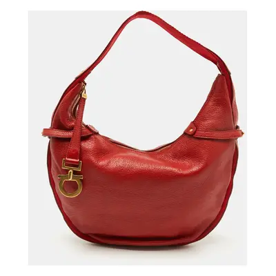 Salvatore Ferragamo Bright Red Leather and Fabric Logo Hobo