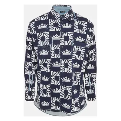 Dolce & Gabbana Navy Blue Logo Print Denim Button Front Shirt