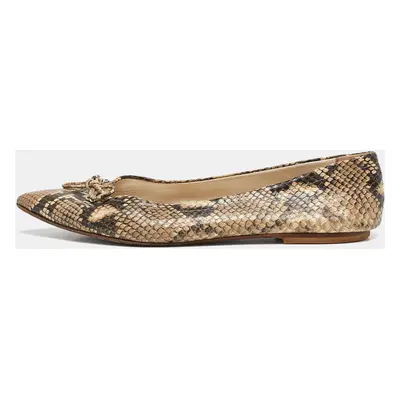 Oscar de la Renta Brown Python Embossed Leather Bow Ballet Flats Size